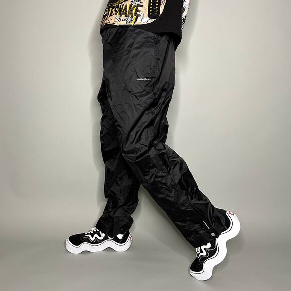 Eddie Bauer Track Pants Jet Black Nylon has Ankle Zippers Spellout Logo - Picture 1 of 4
